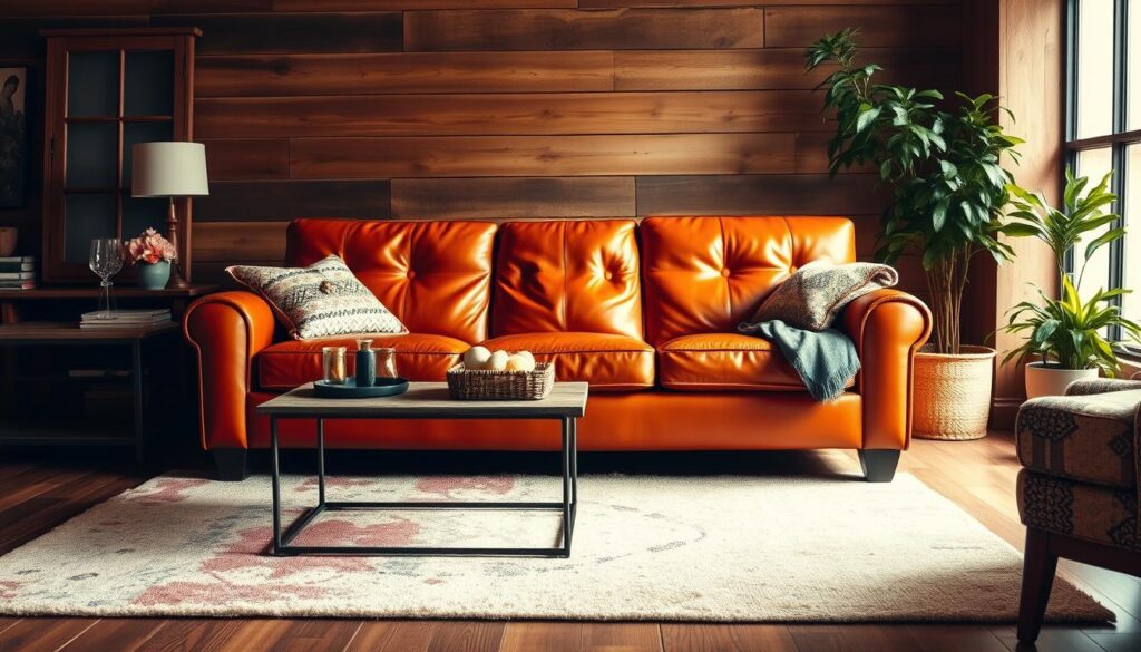 A cozy, rustic living room showcases a statement orange leather sofa, its deep hue commanding attention. Surrounding it, an eclectic mix of decor elements: a vintage industrial-style coffee table, a plush area rug with a distressed pattern, and a lush potted plant in the corner. Warm, directional lighting casts a soft glow, highlighting the natural textures and rich tones. The scene evokes a sense of relaxed sophistication, where the leather sofa serves as the focal point, seamlessly blending with the room's rustic-meets-industrial aesthetic. A cozy, rustic living room showcases a statement orange leather sofa, its deep hue commanding attention. Surrounding it, an eclectic mix of decor elements: a vintage industrial-style coffee table, a plush area rug with a distressed pattern, and a lush potted plant in the corner. Warm, directional lighting casts a soft glow, highlighting the natural textures and rich tones. The scene evokes a sense of relaxed sophistication, where the leather sofa serves as the focal point, seamlessly blending with the room's rustic-meets-industrial aesthetic.