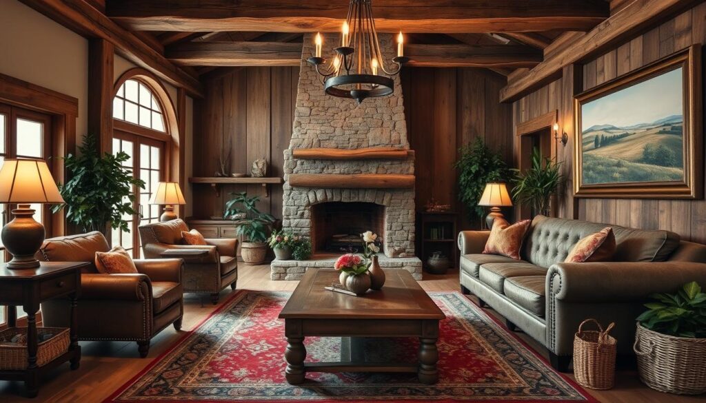 A cozy, rustic living room with a warm, inviting atmosphere. The focal point is a large, stone fireplace surrounded by exposed wooden beams and paneling. Soft, distressed leather armchairs and a plush, tufted sofa sit on a vintage, Persian-style rug. Antique wooden side tables and coffee table add to the rustic charm. The room is illuminated by a wrought-iron chandelier, casting a gentle, ambient glow. Lush, potted plants and woven baskets add natural accents, while a large, framed landscape painting hangs on the wall, completing the farmhouse aesthetic. A cozy, rustic living room with a warm, inviting atmosphere. The focal point is a large, stone fireplace surrounded by exposed wooden beams and paneling. Soft, distressed leather armchairs and a plush, tufted sofa sit on a vintage, Persian-style rug. Antique wooden side tables and coffee table add to the rustic charm. The room is illuminated by a wrought-iron chandelier, casting a gentle, ambient glow. Lush, potted plants and woven baskets add natural accents, while a large, framed landscape painting hangs on the wall, completing the farmhouse aesthetic.