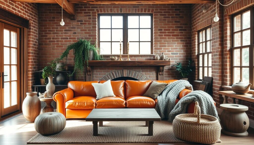A cozy rustic living room with an inviting orange leather sofa as the centerpiece. The room is bathed in warm, natural lighting filtering through large windows, illuminating the textured brick walls and wooden beams. On the mantel, vintage brass candlesticks and a lush, trailing plant add organic accents. Plush textiles in earthy tones, such as a hand-woven rug and chunky knit throw, create a welcoming atmosphere. Decorative elements like ceramic vases, woven baskets, and weathered wooden side tables complement the space, giving it a lived-in, homey feel. The overall impression is one of casual sophistication and relaxed comfort. A cozy rustic living room with an inviting orange leather sofa as the centerpiece. The room is bathed in warm, natural lighting filtering through large windows, illuminating the textured brick walls and wooden beams. On the mantel, vintage brass candlesticks and a lush, trailing plant add organic accents. Plush textiles in earthy tones, such as a hand-woven rug and chunky knit throw, create a welcoming atmosphere. Decorative elements like ceramic vases, woven baskets, and weathered wooden side tables complement the space, giving it a lived-in, homey feel. The overall impression is one of casual sophistication and relaxed comfort.
