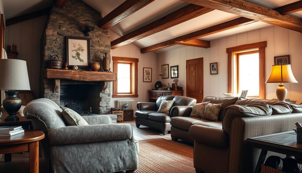 A cozy, rustic living room with warm, natural lighting filtering through a large window. In the foreground, a plush, overstuffed armchair upholstered in a muted floral pattern sits atop a woven area rug. Nearby, a wooden side table holds a vintage lamp with a linen shade. On the middle-ground, a worn, leather sofa faces a stone fireplace, its mantle adorned with weathered knickknacks and framed botanical prints. In the background, wooden beams and white-washed walls create a charming, country-inspired ambiance. A cozy, rustic living room with warm, natural lighting filtering through a large window. In the foreground, a plush, overstuffed armchair upholstered in a muted floral pattern sits atop a woven area rug. Nearby, a wooden side table holds a vintage lamp with a linen shade. On the middle-ground, a worn, leather sofa faces a stone fireplace, its mantle adorned with weathered knickknacks and framed botanical prints. In the background, wooden beams and white-washed walls create a charming, country-inspired ambiance.