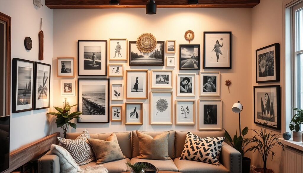 A cozy small living room with a gallery wall showcasing an eclectic mix of framed artwork, black and white photography, and decorative wall hangings. The gallery is arranged in a visually-appealing asymmetrical layout, with the frames varying in size, shape, and style. Soft, warm lighting illuminates the space, creating a inviting and intimate atmosphere. The walls are a neutral color, allowing the artwork to take center stage. The overall composition feels curated and thoughtfully designed, inspiring viewers to create their own unique gallery wall. A cozy small living room with a gallery wall showcasing an eclectic mix of framed artwork, black and white photography, and decorative wall hangings. The gallery is arranged in a visually-appealing asymmetrical layout, with the frames varying in size, shape, and style. Soft, warm lighting illuminates the space, creating a inviting and intimate atmosphere. The walls are a neutral color, allowing the artwork to take center stage. The overall composition feels curated and thoughtfully designed, inspiring viewers to create their own unique gallery wall.