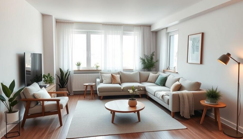 A cozy, small-scale modern apartment living room with minimalist Scandinavian-inspired decor. Soft, warm lighting illuminates a neutral color palette of whites, grays, and natural wood tones. A plush, L-shaped sectional sofa anchors the space, accompanied by a low wooden coffee table and a pair of armchairs. Potted plants and a few select artwork pieces add organic touches. Large windows offer ample natural light, while sheer curtains diffuse the brightness, creating a peaceful, tranquil ambiance. The room is designed to feel inviting and livable, optimizing every square foot to maximize comfort and functionality in a compact urban setting.