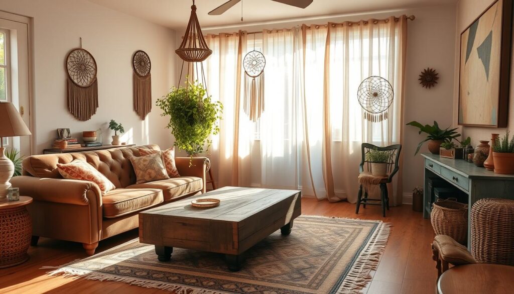 A cozy, sun-dappled bohemian living room with a mix of vintage and modern furnishings. In the foreground, a plush, tufted velvet sofa adorned with patterned throw pillows. A rustic, distressed wood coffee table is accompanied by a woven rattan ottoman. Hanging from the ceiling, a large, macrame plant holder suspends a lush, trailing plant. In the middle ground, a fringed, geometric-patterned area rug covers the hardwood floor. Eclectic wall decor, including a large dreamcatcher and an abstract painting, adds to the artful, eclectic ambiance. Soft, warm lighting filters through sheer, billowing curtains, creating a serene, inviting atmosphere.