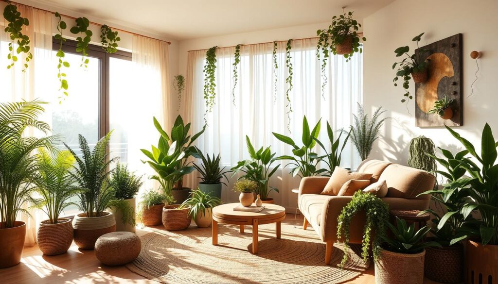 A cozy, sun-dappled living room with an abundance of lush, verdant plants thriving in natural light. Plush, earthy-toned furniture creates a welcoming ambiance, complemented by a woven area rug and a pair of tufted armchairs inviting relaxation. Potted ferns, trailing vines, and sculptural succulents adorn the space, casting soft shadows across the walls. A large, picture window frames a tranquil outdoor view, blurring the boundaries between indoors and out. Warm, diffused lighting filters through sheer curtains, infusing the room with a sense of calmness and serenity. The overall atmosphere is one of peaceful retreat, a serene oasis where the power of plants elevates the coziness of the living space. A cozy, sun-dappled living room with an abundance of lush, verdant plants thriving in natural light. Plush, earthy-toned furniture creates a welcoming ambiance, complemented by a woven area rug and a pair of tufted armchairs inviting relaxation. Potted ferns, trailing vines, and sculptural succulents adorn the space, casting soft shadows across the walls. A large, picture window frames a tranquil outdoor view, blurring the boundaries between indoors and out. Warm, diffused lighting filters through sheer curtains, infusing the room with a sense of calmness and serenity. The overall atmosphere is one of peaceful retreat, a serene oasis where the power of plants elevates the coziness of the living space.