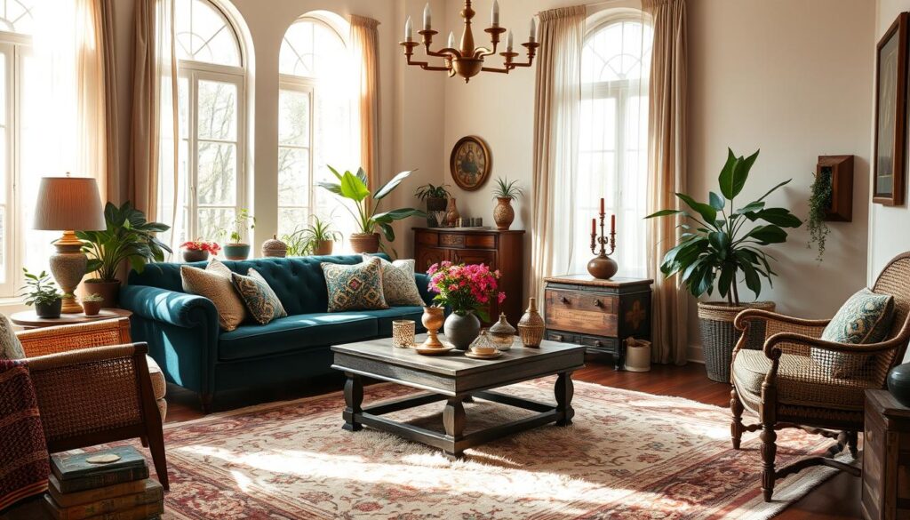 A cozy, sun-drenched Anthropologie-inspired living room with rich, bohemian accents. In the foreground, a plush, tufted velvet sofa in a deep jewel-toned hue, adorned with an array of patterned pillows in complementary colors. Across the room, a vintage-inspired armchair with intricate woodwork and a woven seat. The middle ground features a large, ornate area rug in muted earth tones, layered with a shaggy ivory rug. Atop a rustic, distressed coffee table, an assortment of eclectic decor pieces, from lush potted plants to ornate brass candlesticks. The background showcases tall, arched windows that flood the space with warm, natural light, framed by sheer, billowing curtains. Soft, ambient lighting from a brass chandelier above creates a cozy, inviting ambiance. A cozy, sun-drenched Anthropologie-inspired living room with rich, bohemian accents. In the foreground, a plush, tufted velvet sofa in a deep jewel-toned hue, adorned with an array of patterned pillows in complementary colors. Across the room, a vintage-inspired armchair with intricate woodwork and a woven seat. The middle ground features a large, ornate area rug in muted earth tones, layered with a shaggy ivory rug. Atop a rustic, distressed coffee table, an assortment of eclectic decor pieces, from lush potted plants to ornate brass candlesticks. The background showcases tall, arched windows that flood the space with warm, natural light, framed by sheer, billowing curtains. Soft, ambient lighting from a brass chandelier above creates a cozy, inviting ambiance.