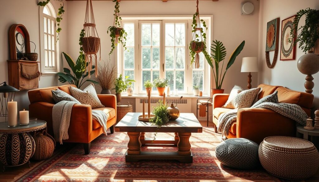 A cozy, sun-drenched bohemian living room in an Anthropologie-inspired style. Plush velvet armchairs in earthy tones sit atop a colorful patterned area rug, complemented by a reclaimed wood coffee table adorned with botanical accents. Trailing vines cascade from hanging macrame plant holders, casting soft shadows across the space. Textured throw pillows and knitted blankets add layers of warmth, while a large window floods the room with natural light. Vintage-inspired lamps and candles create a intimate, inviting ambiance. The overall aesthetic is a harmonious blend of rustic, eclectic, and refined elements. A cozy, sun-drenched bohemian living room in an Anthropologie-inspired style. Plush velvet armchairs in earthy tones sit atop a colorful patterned area rug, complemented by a reclaimed wood coffee table adorned with botanical accents. Trailing vines cascade from hanging macrame plant holders, casting soft shadows across the space. Textured throw pillows and knitted blankets add layers of warmth, while a large window floods the room with natural light. Vintage-inspired lamps and candles create a intimate, inviting ambiance. The overall aesthetic is a harmonious blend of rustic, eclectic, and refined elements.