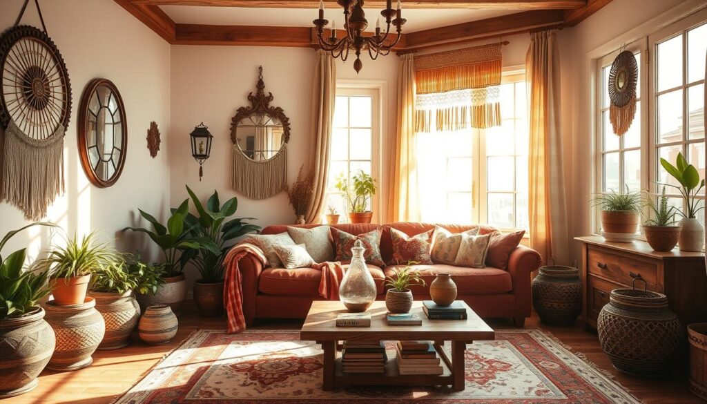 A cozy, sun-drenched bohemian living room. Soft, earthy tones create a relaxed, inviting atmosphere. Layered textiles in rich jewel tones and abstract patterns adorn the space - plush velvet sofa, hand-woven area rug, and vintage-inspired curtains. Potted plants and macrame wall hangings add a naturalistic, artisanal touch. A wooden coffee table displays an assortment of eclectic trinkets and books. Warm light filters through the large windows, casting a golden glow. Ornate mirrors and antique brass accents lend an elegant, old-world charm. The overall aesthetic is a harmonious blend of rustic, vintage, and contemporary elements, reflecting the owner's unique personality and style.