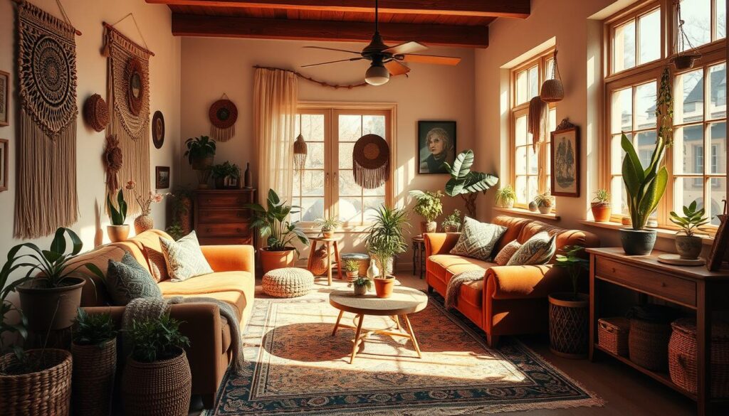 A cozy, sun-drenched living room bathed in warm, golden light. Plush, bohemian-inspired furnishings in earthy tones and natural textures create a serene, free-flowing ambiance. Intricate woven rugs, macrame wall hangings, and potted plants dotting the space lend an organic, eclectic flair. Muted jewel-toned accents, such as a velvet sofa and patterned throw pillows, add depth and visual interest. Sunlight streams through large windows, casting a soft, diffused glow across the space. A whimsical assortment of found objects, vintage decor, and mismatched furniture pieces come together to form a harmonious, lived-in tableau. The overall mood is one of relaxed sophistication and bohemian charm. A cozy, sun-drenched living room bathed in warm, golden light. Plush, bohemian-inspired furnishings in earthy tones and natural textures create a serene, free-flowing ambiance. Intricate woven rugs, macrame wall hangings, and potted plants dotting the space lend an organic, eclectic flair. Muted jewel-toned accents, such as a velvet sofa and patterned throw pillows, add depth and visual interest. Sunlight streams through large windows, casting a soft, diffused glow across the space. A whimsical assortment of found objects, vintage decor, and mismatched furniture pieces come together to form a harmonious, lived-in tableau. The overall mood is one of relaxed sophistication and bohemian charm.