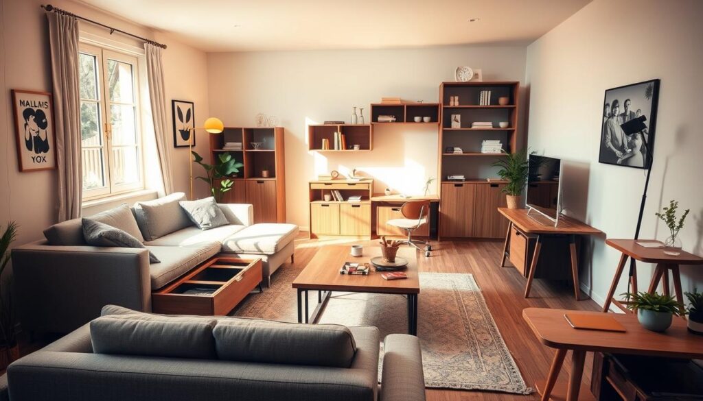 A cozy, sun-drenched living room filled with multifunctional furniture solutions. In the foreground, a modular sofa doubles as a daybed, its sleek lines and neutral upholstery blending seamlessly with the space. Beside it, a coffee table with hidden storage compartments provides ample surface area and concealed organization. The middle ground features a wooden side table that unfolds into a compact workstation, its minimalist design complementing the room's modern aesthetic. In the background, a wall-mounted shelving unit displays decorative items and houses a compact TV, maximizing the available space. Warm, diffused lighting from a large window and a subtly placed floor lamp creates a inviting, relaxed atmosphere, perfectly suited for this harmonious, functional living area. A cozy, sun-drenched living room filled with multifunctional furniture solutions. In the foreground, a modular sofa doubles as a daybed, its sleek lines and neutral upholstery blending seamlessly with the space. Beside it, a coffee table with hidden storage compartments provides ample surface area and concealed organization. The middle ground features a wooden side table that unfolds into a compact workstation, its minimalist design complementing the room's modern aesthetic. In the background, a wall-mounted shelving unit displays decorative items and houses a compact TV, maximizing the available space. Warm, diffused lighting from a large window and a subtly placed floor lamp creates a inviting, relaxed atmosphere, perfectly suited for this harmonious, functional living area.