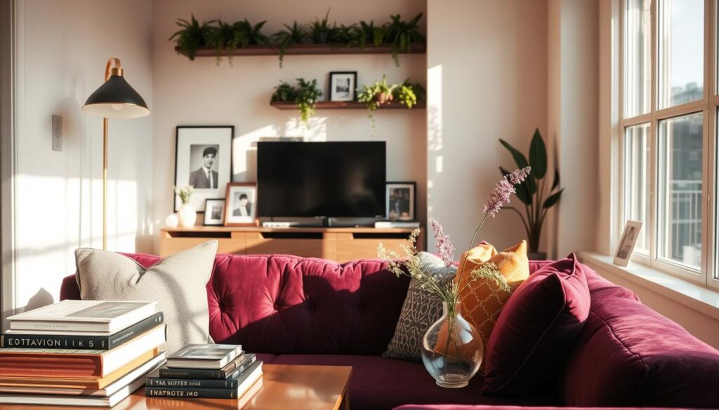 A cozy, sun-drenched small living room with personal touches that showcase the owner's style. In the foreground, a plush, jewel-toned velvet sofa adorned with an array of decorative throw pillows in complementary hues. On the coffee table, a stacked arrangement of hardcover books, a delicate potted plant, and a simple but striking glass vase filled with fresh flowers. The middle ground features a sleek, minimalist entertainment unit displaying framed artwork and family photographs. Warm, diffused lighting from a floor lamp casts a soft glow, creating a inviting and intimate atmosphere. The background showcases a large window, allowing natural light to flood the space and highlighting a chic wall-mounted plant display. A cozy, sun-drenched small living room with personal touches that showcase the owner's style. In the foreground, a plush, jewel-toned velvet sofa adorned with an array of decorative throw pillows in complementary hues. On the coffee table, a stacked arrangement of hardcover books, a delicate potted plant, and a simple but striking glass vase filled with fresh flowers. The middle ground features a sleek, minimalist entertainment unit displaying framed artwork and family photographs. Warm, diffused lighting from a floor lamp casts a soft glow, creating a inviting and intimate atmosphere. The background showcases a large window, allowing natural light to flood the space and highlighting a chic wall-mounted plant display.