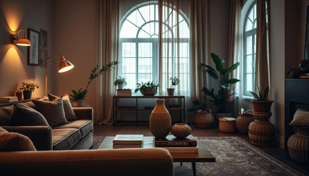 A cozy, warm-lit Anthropologie-inspired living room with a mix of textures and tones. In the foreground, a plush velvet sofa bathed in a soft, ambient glow from a pair of brass sconces mounted on the walls. The middle ground features a low, wooden coffee table with a textured ceramic vase and a stack of artful books. In the background, a large, arched window casts natural light, filtering through sheer, linen curtains. Subtle brass accents, woven baskets, and potted plants complete the layered, inviting atmosphere, creating a mood of refined elegance and comfort. A cozy, warm-lit Anthropologie-inspired living room with a mix of textures and tones. In the foreground, a plush velvet sofa bathed in a soft, ambient glow from a pair of brass sconces mounted on the walls. The middle ground features a low, wooden coffee table with a textured ceramic vase and a stack of artful books. In the background, a large, arched window casts natural light, filtering through sheer, linen curtains. Subtle brass accents, woven baskets, and potted plants complete the layered, inviting atmosphere, creating a mood of refined elegance and comfort.