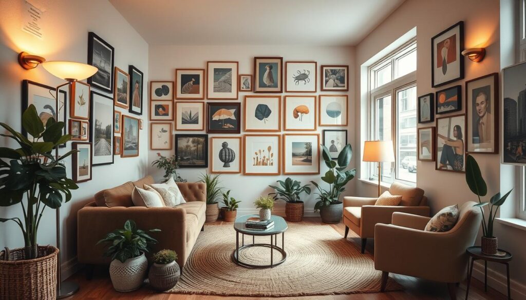 A cozy, well-appointed small living room with a focal point of a gallery wall showcasing a diverse array of framed artwork. The space is bathed in warm, golden lighting from a mid-century modern floor lamp and sconces, creating a tranquil, inviting atmosphere. Plush, earthy-toned furnishings including a tufted sofa, armchair, and a jute area rug ground the room, while potted plants and decorative accents add pops of greenery and personality. The large windows allow natural light to filter in, accentuating the room's intimate scale and the carefully curated collection of paintings, photographs, and abstract prints on display. A cozy, well-appointed small living room with a focal point of a gallery wall showcasing a diverse array of framed artwork. The space is bathed in warm, golden lighting from a mid-century modern floor lamp and sconces, creating a tranquil, inviting atmosphere. Plush, earthy-toned furnishings including a tufted sofa, armchair, and a jute area rug ground the room, while potted plants and decorative accents add pops of greenery and personality. The large windows allow natural light to filter in, accentuating the room's intimate scale and the carefully curated collection of paintings, photographs, and abstract prints on display.