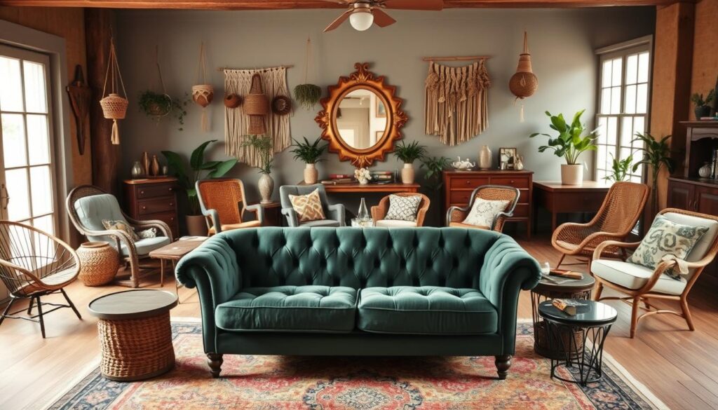A cozy, well-curated bohemian living room with an eclectic mix of vintage furniture and handcrafted decor. In the foreground, a plush, tufted sofa in a rich jewel-toned velvet sits atop a patterned area rug. Surrounding it, an assortment of mismatched armchairs and side tables in rattan, wood, and metal create a relaxed, inviting ambiance. In the middle ground, hanging macrame plant holders, woven wall hangings, and an ornate, gilded mirror add layers of texture and visual interest. The background features large windows that flood the space with warm, natural light, casting a soft, diffused glow over the scene. Overall, the composition exudes a sense of effortless, eclectic charm.