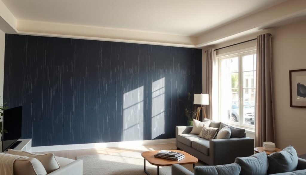 A cozy, well-lit living room showcases an accent wall painted with a modern, textured technique. The wall features a striking pattern of vertical brush strokes in a deep, rich shade of navy blue, creating a focal point that adds depth and visual interest to the space. Soft, natural lighting from a large window casts a warm glow, highlighting the subtle variations in the paint's finish. The room's neutral color palette and minimalist decor allow the accent wall to take center stage, drawing the eye and setting the tone for a sophisticated, contemporary ambiance.