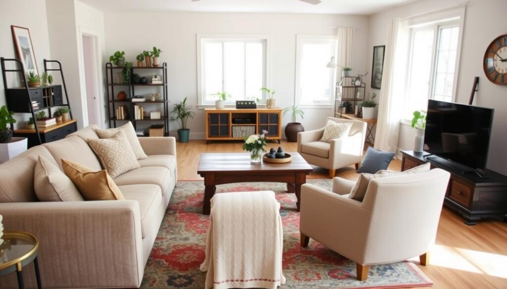 A cozy, well-lit living room with a mix of budget-friendly furniture and decor. In the foreground, a plush, neutral-toned sofa and a pair of matching armchairs arranged around a rustic wooden coffee table. Muted pops of color come from throw pillows and a vibrant area rug. The middle ground features a sleek TV stand and shelving unit, adorned with plants, books, and personal trinkets. The background showcases large windows that let in natural light, illuminating the space and creating a warm, inviting atmosphere. The overall aesthetic is a harmonious blend of modern and traditional elements, reflecting a stylish yet affordable living room transformation. A cozy, well-lit living room with a mix of budget-friendly furniture and decor. In the foreground, a plush, neutral-toned sofa and a pair of matching armchairs arranged around a rustic wooden coffee table. Muted pops of color come from throw pillows and a vibrant area rug. The middle ground features a sleek TV stand and shelving unit, adorned with plants, books, and personal trinkets. The background showcases large windows that let in natural light, illuminating the space and creating a warm, inviting atmosphere. The overall aesthetic is a harmonious blend of modern and traditional elements, reflecting a stylish yet affordable living room transformation.