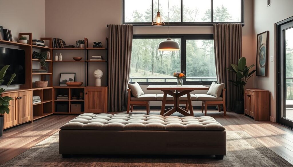 A cozy, well-lit living room with a mix of modern and rustic space-saving furniture solutions. In the foreground, a multifunctional storage ottoman with a plush top doubles as a coffee table and extra seating. Behind it, a wall-mounted shelving unit with hidden compartments for books, plants, and decor. In the middle ground, a slim, extendable dining table nestled against the wall, accompanied by a bench that tucks neatly underneath. Soft, warm lighting from a minimalist pendant fixture creates a inviting atmosphere, while large windows overlooking a serene outdoor scene provide natural illumination. The overall design emphasizes efficient use of limited space without sacrificing style or comfort. A cozy, well-lit living room with a mix of modern and rustic space-saving furniture solutions. In the foreground, a multifunctional storage ottoman with a plush top doubles as a coffee table and extra seating. Behind it, a wall-mounted shelving unit with hidden compartments for books, plants, and decor. In the middle ground, a slim, extendable dining table nestled against the wall, accompanied by a bench that tucks neatly underneath. Soft, warm lighting from a minimalist pendant fixture creates a inviting atmosphere, while large windows overlooking a serene outdoor scene provide natural illumination. The overall design emphasizes efficient use of limited space without sacrificing style or comfort.