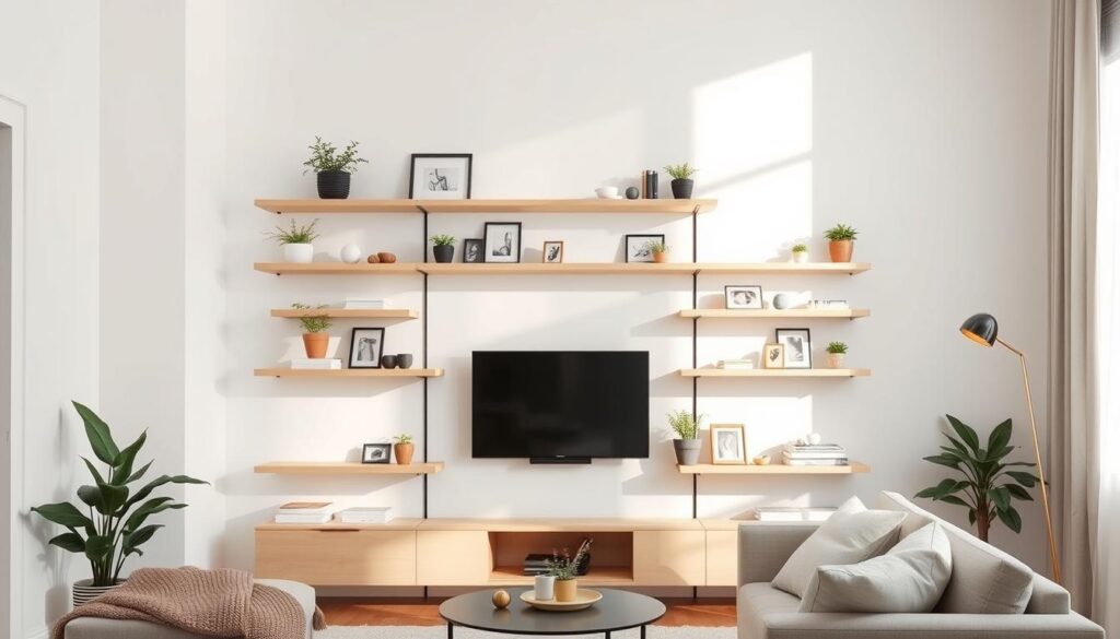 A cozy, well-lit living room with a sleek, minimalist wall shelf system taking center stage. The shelves are made of light-colored wood, perfectly complementing the neutral tones of the room. Decorative items, such as plants, frames, and small trinkets, are carefully arranged on the shelves, creating a visually appealing and functional display. The room is bathed in soft, natural lighting, casting a warm glow on the shelves and the surrounding decor. The camera angle is slightly elevated, allowing the viewer to appreciate the overall composition and the efficient use of the limited wall space. The mood is serene and inviting, showcasing how wall shelves can be a practical and stylish solution for small living rooms. A cozy, well-lit living room with a sleek, minimalist wall shelf system taking center stage. The shelves are made of light-colored wood, perfectly complementing the neutral tones of the room. Decorative items, such as plants, frames, and small trinkets, are carefully arranged on the shelves, creating a visually appealing and functional display. The room is bathed in soft, natural lighting, casting a warm glow on the shelves and the surrounding decor. The camera angle is slightly elevated, allowing the viewer to appreciate the overall composition and the efficient use of the limited wall space. The mood is serene and inviting, showcasing how wall shelves can be a practical and stylish solution for small living rooms.