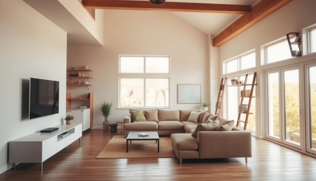A cozy, well-lit modern living room with high ceilings and minimalist furnishings. In the foreground, a sleek, minimalist media console with floating shelves for storage and display. Midground features a plush, L-shaped sectional sofa in a neutral tone, strategically placed to maximize seating while leaving ample open floor space. Large windows flood the room with natural light, casting a warm, inviting glow. The background showcases clever wall-mounted storage solutions, such as floating shelves and a ladder-style bookcase, making efficient use of vertical space. Overall, the scene conveys a sense of spaciousness and functionality, demonstrating how to maximize a small living area through thoughtful design and layout. A cozy, well-lit modern living room with high ceilings and minimalist furnishings. In the foreground, a sleek, minimalist media console with floating shelves for storage and display. Midground features a plush, L-shaped sectional sofa in a neutral tone, strategically placed to maximize seating while leaving ample open floor space. Large windows flood the room with natural light, casting a warm, inviting glow. The background showcases clever wall-mounted storage solutions, such as floating shelves and a ladder-style bookcase, making efficient use of vertical space. Overall, the scene conveys a sense of spaciousness and functionality, demonstrating how to maximize a small living area through thoughtful design and layout.