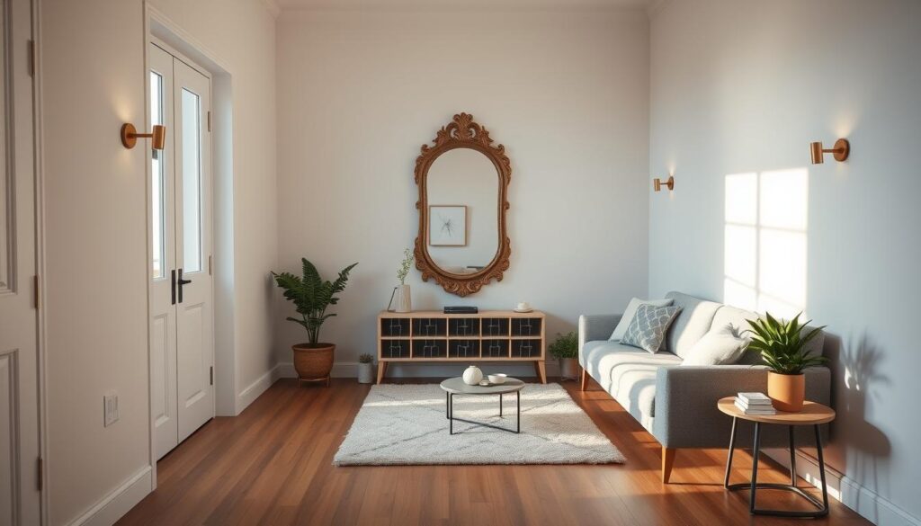 A cozy, well-lit small apartment living room with a minimalist, Scandinavian-inspired design. The focal point is a large, ornate mirror placed on the center wall, reflecting the natural light from the window and creating an illusion of depth and spaciousness. Wooden floors, a plush rug, and a comfortable gray sofa complement the neutral color palette. Potted plants and a few carefully selected decor pieces add a touch of warmth and personality to the space. The lighting is a combination of natural daylight and subtle, dimmable wall sconces, creating a harmonious and inviting atmosphere. A cozy, well-lit small apartment living room with a minimalist, Scandinavian-inspired design. The focal point is a large, ornate mirror placed on the center wall, reflecting the natural light from the window and creating an illusion of depth and spaciousness. Wooden floors, a plush rug, and a comfortable gray sofa complement the neutral color palette. Potted plants and a few carefully selected decor pieces add a touch of warmth and personality to the space. The lighting is a combination of natural daylight and subtle, dimmable wall sconces, creating a harmonious and inviting atmosphere.