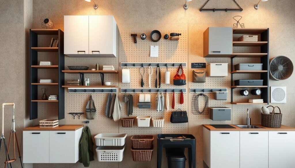 A functional, yet visually striking wall display showcasing diverse space-saving solutions. In the foreground, sleek wall-mounted shelves and floating cabinets with clean lines and muted tones. In the middle ground, a modular pegboard system with an array of hooks, baskets, and organizers in a complementary color palette. The background features a textured, neutral-toned wall, softly illuminated by warm, indirect lighting, creating a cozy and inviting atmosphere. The overall composition exudes a minimalist, Scandinavian-inspired aesthetic, striking a balance between form and function. A functional, yet visually striking wall display showcasing diverse space-saving solutions. In the foreground, sleek wall-mounted shelves and floating cabinets with clean lines and muted tones. In the middle ground, a modular pegboard system with an array of hooks, baskets, and organizers in a complementary color palette. The background features a textured, neutral-toned wall, softly illuminated by warm, indirect lighting, creating a cozy and inviting atmosphere. The overall composition exudes a minimalist, Scandinavian-inspired aesthetic, striking a balance between form and function.