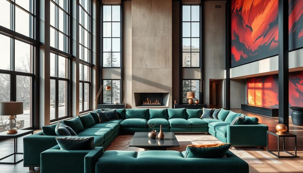 A grand, contemporary living room with bold, dramatic flair. A large, plush sectional sofa in a deep emerald hue dominates the foreground, its clean lines and sumptuous upholstery creating an inviting focal point. Towering, floor-to-ceiling windows flood the space with natural light, casting a warm, diffused glow. Accents of brass and black metal lend an air of industrial chic, complemented by a striking, angular fireplace mantel. In the background, a feature wall showcases a striking, abstract mural in vibrant shades of crimson and ochre, adding depth and visual interest. Sleek, minimalist side tables and a modern, sculptural coffee table complete the refined, yet daring aesthetic. A grand, contemporary living room with bold, dramatic flair. A large, plush sectional sofa in a deep emerald hue dominates the foreground, its clean lines and sumptuous upholstery creating an inviting focal point. Towering, floor-to-ceiling windows flood the space with natural light, casting a warm, diffused glow. Accents of brass and black metal lend an air of industrial chic, complemented by a striking, angular fireplace mantel. In the background, a feature wall showcases a striking, abstract mural in vibrant shades of crimson and ochre, adding depth and visual interest. Sleek, minimalist side tables and a modern, sculptural coffee table complete the refined, yet daring aesthetic.