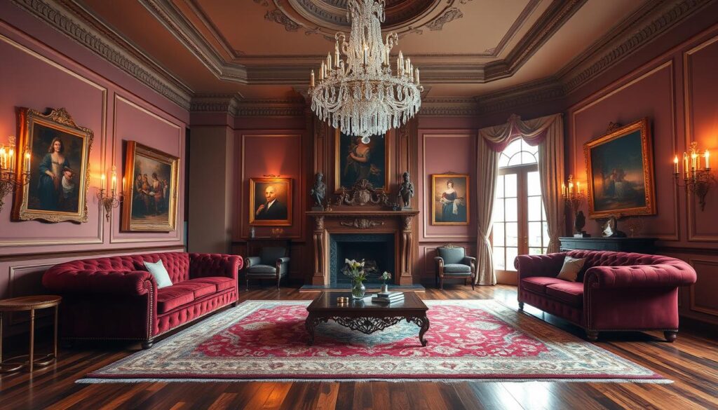 A grand, vintage-inspired living room with a plush, tufted chesterfield sofa in a rich burgundy hue. The room is bathed in warm, soft lighting from ornate brass wall sconces and a large, sparkling crystal chandelier overhead. The walls are adorned with gilded frames housing elegant oil paintings, while a large, ornate fireplace mantle in carved wood stands as the centerpiece. Layered rugs in jewel-toned patterns cover the hardwood floors, and the overall atmosphere exudes a sense of sophisticated glamour and timeless opulence. A grand, vintage-inspired living room with a plush, tufted chesterfield sofa in a rich burgundy hue. The room is bathed in warm, soft lighting from ornate brass wall sconces and a large, sparkling crystal chandelier overhead. The walls are adorned with gilded frames housing elegant oil paintings, while a large, ornate fireplace mantle in carved wood stands as the centerpiece. Layered rugs in jewel-toned patterns cover the hardwood floors, and the overall atmosphere exudes a sense of sophisticated glamour and timeless opulence.