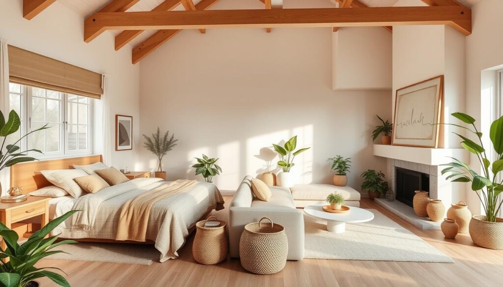 A harmonious, light-filled bedroom and living room with a cohesive color palette of soft, muted tones. The bedroom features a plush, neutral-toned bed adorned with patterned textiles, flanked by natural wood nightstands and a large window that bathes the space in warm, ambient lighting. In the adjacent living room, a cozy sectional sofa in a complementary hue is arranged around a minimalist coffee table, with a large, abstract artwork above a fireplace that ties the two spaces together. Lush, verdant houseplants and natural accents, such as woven baskets and wooden décor, create a serene, nature-inspired ambiance throughout. A harmonious, light-filled bedroom and living room with a cohesive color palette of soft, muted tones. The bedroom features a plush, neutral-toned bed adorned with patterned textiles, flanked by natural wood nightstands and a large window that bathes the space in warm, ambient lighting. In the adjacent living room, a cozy sectional sofa in a complementary hue is arranged around a minimalist coffee table, with a large, abstract artwork above a fireplace that ties the two spaces together. Lush, verdant houseplants and natural accents, such as woven baskets and wooden décor, create a serene, nature-inspired ambiance throughout.