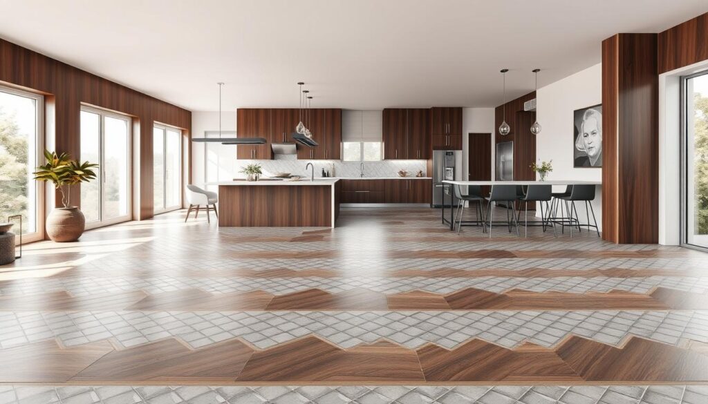 A large, open-concept kitchen and living room with unique, eye-catching flooring. The flooring is a combination of smooth, dark hardwood panels and intricate, geometric patterned tiles in shades of grey and white. The tiles are arranged in a visually striking layout, creating a sense of depth and movement. Bright, natural lighting floods the space through floor-to-ceiling windows, casting a warm, inviting glow. Sleek, modern furnishings and minimalist decor complement the clean, sophisticated aesthetic. The overall atmosphere is one of harmony, elegance, and a touch of playfulness. A large, open-concept kitchen and living room with unique, eye-catching flooring. The flooring is a combination of smooth, dark hardwood panels and intricate, geometric patterned tiles in shades of grey and white. The tiles are arranged in a visually striking layout, creating a sense of depth and movement. Bright, natural lighting floods the space through floor-to-ceiling windows, casting a warm, inviting glow. Sleek, modern furnishings and minimalist decor complement the clean, sophisticated aesthetic. The overall atmosphere is one of harmony, elegance, and a touch of playfulness.