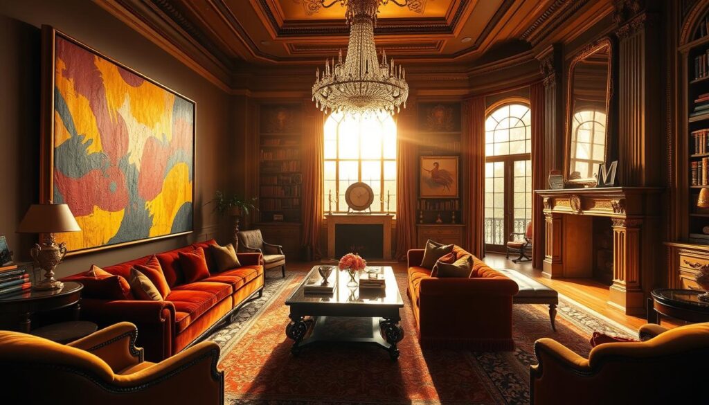 A lavish, opulent living room bathed in warm, golden light streaming through large windows. In the foreground, a stunning, museum-quality abstract painting commands attention, its bold, vibrant brushstrokes creating a captivating focal point. Plush, sumptuous furnishings in rich, jewel-toned velvets and leathers surround an elegant coffee table, complemented by intricate, hand-woven rugs and a grand, ornate fireplace mantel. Towering bookshelves line the walls, filled with rare, leather-bound volumes, while a grand, crystal chandelier casts a soft, ambient glow, infusing the space with an air of refined sophistication and luxury. A lavish, opulent living room bathed in warm, golden light streaming through large windows. In the foreground, a stunning, museum-quality abstract painting commands attention, its bold, vibrant brushstrokes creating a captivating focal point. Plush, sumptuous furnishings in rich, jewel-toned velvets and leathers surround an elegant coffee table, complemented by intricate, hand-woven rugs and a grand, ornate fireplace mantel. Towering bookshelves line the walls, filled with rare, leather-bound volumes, while a grand, crystal chandelier casts a soft, ambient glow, infusing the space with an air of refined sophistication and luxury.