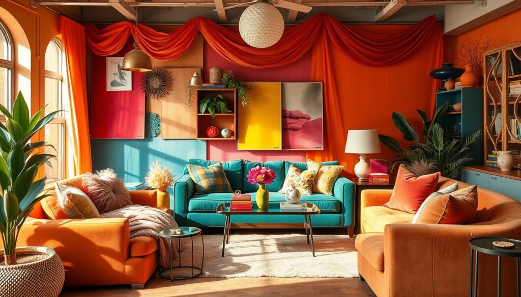 A lively, meticulously curated arrangement of vibrant, harmonious color combinations, showcasing a variety of plush furniture, decorative accents, and textural elements. The scene is bathed in warm, natural lighting, creating a cozy, inviting ambiance. The colors flow seamlessly, with a dynamic balance between bold hues and subtle neutrals, complementing each other to create a visually striking and visually appealing display. The overall composition is carefully orchestrated to inspire ideas for thoughtful color coordination in living room design.