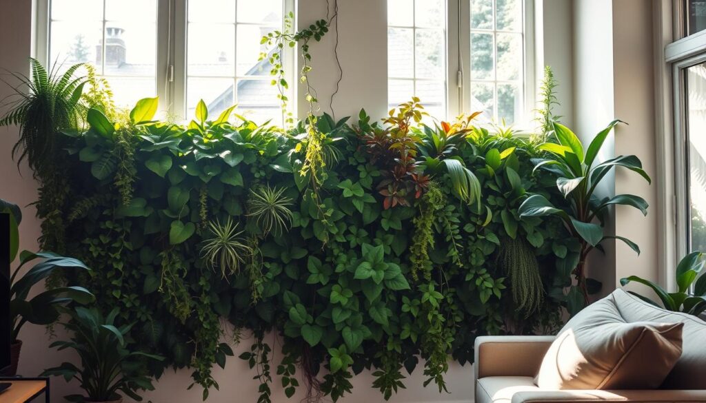 A lush vertical garden cascading down a small living room wall, bathed in soft natural light filtering through large windows. The arrangement features a harmonious mix of vibrant green foliage, including trailing vines, ferns, and leafy plants, each specimen carefully selected to thrive in the indoor environment. The garden's organic lines and textures contrast with the room's clean, modern decor, creating a serene, nature-infused ambiance. Delicate rays of sunlight accentuate the verdant hues, casting gentle shadows that add depth and dimension to the scene. An inviting, cozy atmosphere perfect for a tranquil living space. A lush vertical garden cascading down a small living room wall, bathed in soft natural light filtering through large windows. The arrangement features a harmonious mix of vibrant green foliage, including trailing vines, ferns, and leafy plants, each specimen carefully selected to thrive in the indoor environment. The garden's organic lines and textures contrast with the room's clean, modern decor, creating a serene, nature-infused ambiance. Delicate rays of sunlight accentuate the verdant hues, casting gentle shadows that add depth and dimension to the scene. An inviting, cozy atmosphere perfect for a tranquil living space.