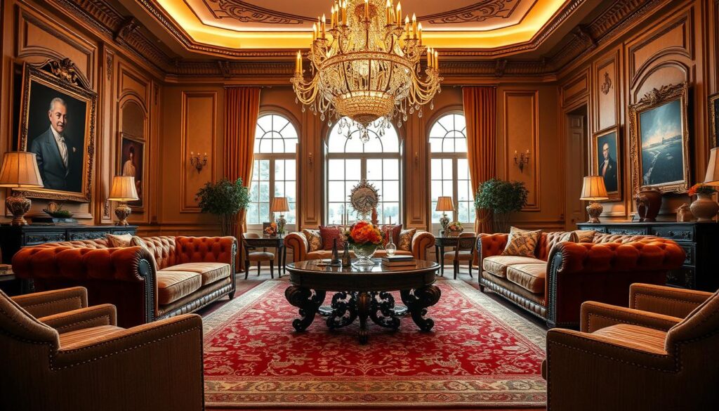 A luxurious and elegantly appointed living room, filled with high-end furniture and accents. In the foreground, a plush, tufted chesterfield sofa in a rich, velvet upholstery, flanked by a pair of matching armchairs. In the middle ground, a large, ornate coffee table with intricate carved details, set atop a lush, Persian-style area rug. The room is bathed in warm, golden lighting from a grand, crystal chandelier overhead, casting a soft, inviting glow. The walls are adorned with classical, framed artwork, and tall, arched windows allow natural light to filter in, creating a refined and sophisticated ambiance. A luxurious and elegantly appointed living room, filled with high-end furniture and accents. In the foreground, a plush, tufted chesterfield sofa in a rich, velvet upholstery, flanked by a pair of matching armchairs. In the middle ground, a large, ornate coffee table with intricate carved details, set atop a lush, Persian-style area rug. The room is bathed in warm, golden lighting from a grand, crystal chandelier overhead, casting a soft, inviting glow. The walls are adorned with classical, framed artwork, and tall, arched windows allow natural light to filter in, creating a refined and sophisticated ambiance.