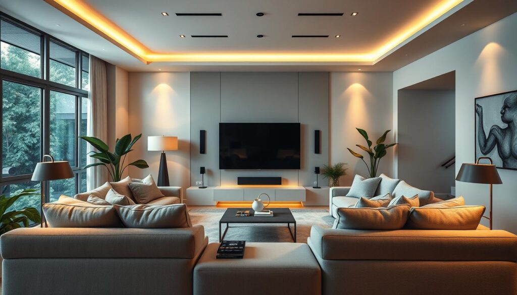 A luxurious and technologically-advanced living room, bathed in warm, soft lighting that creates a cozy and inviting atmosphere. The room features plush, oversized furniture in neutral tones, complemented by sleek, minimalist smart home devices seamlessly integrated into the design. A large, 4K OLED television is the centerpiece, surrounded by hidden speakers and a voice-controlled smart assistant. The room is decorated with subtle, modern art pieces and lush greenery, while large windows allow natural light to flood in, casting a serene, tranquil ambiance throughout the space. A luxurious and technologically-advanced living room, bathed in warm, soft lighting that creates a cozy and inviting atmosphere. The room features plush, oversized furniture in neutral tones, complemented by sleek, minimalist smart home devices seamlessly integrated into the design. A large, 4K OLED television is the centerpiece, surrounded by hidden speakers and a voice-controlled smart assistant. The room is decorated with subtle, modern art pieces and lush greenery, while large windows allow natural light to flood in, casting a serene, tranquil ambiance throughout the space.