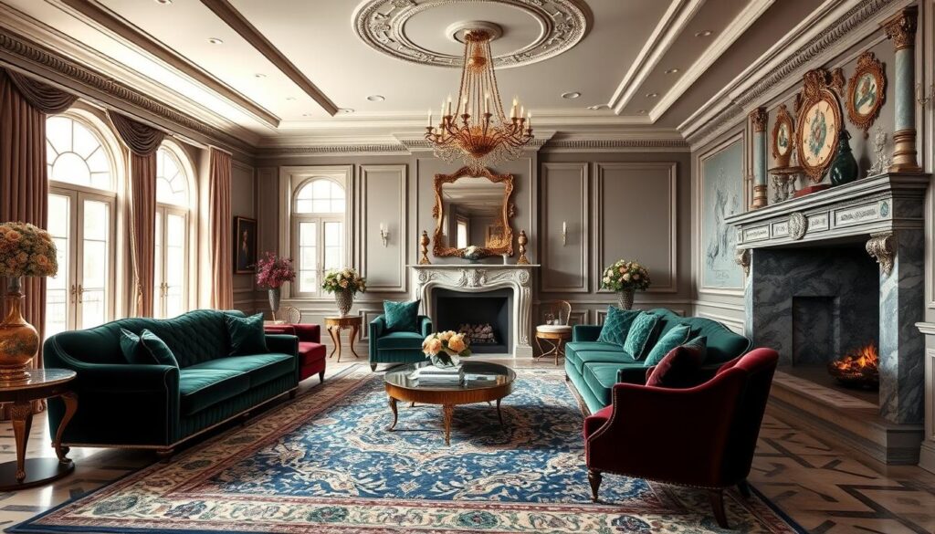 A luxurious living room filled with elegant, muted color schemes. Plush velvet sofas in deep emerald green, complemented by rich burgundy armchairs and a statement-making marble fireplace. Soft lighting filters through large windows, casting a warm glow on the space. Ornate gold accents, like a vintage chandelier and intricate moldings, add a touch of opulence. In the background, a beautiful Persian rug in shades of blues and creams grounds the room. The overall atmosphere exudes sophistication and timeless charm. A luxurious living room filled with elegant, muted color schemes. Plush velvet sofas in deep emerald green, complemented by rich burgundy armchairs and a statement-making marble fireplace. Soft lighting filters through large windows, casting a warm glow on the space. Ornate gold accents, like a vintage chandelier and intricate moldings, add a touch of opulence. In the background, a beautiful Persian rug in shades of blues and creams grounds the room. The overall atmosphere exudes sophistication and timeless charm.