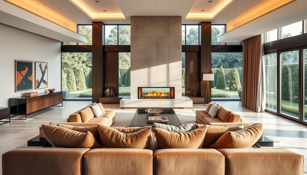 A luxurious living room with a contemporary, high-end aesthetic. A large, plush sectional sofa in rich, neutral tones occupies the foreground, flanked by sleek, brushed metal end tables. In the middle ground, a magnificent fireplace with a modern, minimalist design serves as the focal point, surrounded by carefully curated artworks and a statement-making floor lamp. The background features floor-to-ceiling windows that flood the space with warm, natural light, offering a breathtaking view of a lush, manicured garden. The overall atmosphere is one of understated elegance, where functionality seamlessly blends with luxurious design. A luxurious living room with a contemporary, high-end aesthetic. A large, plush sectional sofa in rich, neutral tones occupies the foreground, flanked by sleek, brushed metal end tables. In the middle ground, a magnificent fireplace with a modern, minimalist design serves as the focal point, surrounded by carefully curated artworks and a statement-making floor lamp. The background features floor-to-ceiling windows that flood the space with warm, natural light, offering a breathtaking view of a lush, manicured garden. The overall atmosphere is one of understated elegance, where functionality seamlessly blends with luxurious design.