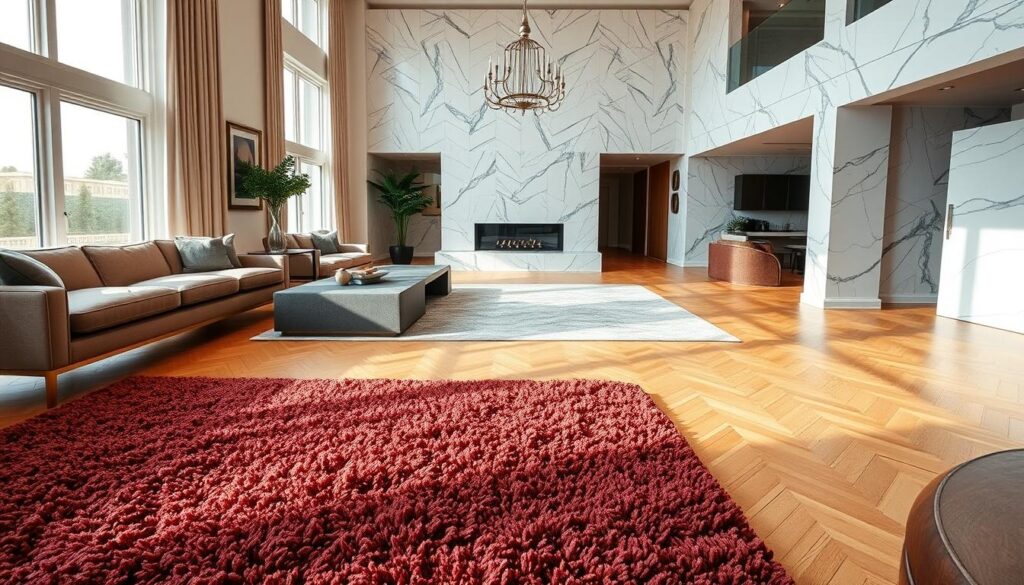 A luxurious living room with a variety of high-end flooring options displayed in a well-lit, spacious setting. The foreground showcases a range of plush carpets in rich, jewel-toned colors and textures, including a deep-pile shag and a patterned Persian-style rug. In the middle ground, sleek hardwood floors in a warm, honeyed hue are complemented by a modern, minimalist area rug. The background features elegant marble tiles in a classic, herringbone pattern, accentuated by the soft, diffused lighting from large windows. The overall atmosphere exudes sophistication, comfort, and a refined, aspirational lifestyle. A luxurious living room with a variety of high-end flooring options displayed in a well-lit, spacious setting. The foreground showcases a range of plush carpets in rich, jewel-toned colors and textures, including a deep-pile shag and a patterned Persian-style rug. In the middle ground, sleek hardwood floors in a warm, honeyed hue are complemented by a modern, minimalist area rug. The background features elegant marble tiles in a classic, herringbone pattern, accentuated by the soft, diffused lighting from large windows. The overall atmosphere exudes sophistication, comfort, and a refined, aspirational lifestyle.