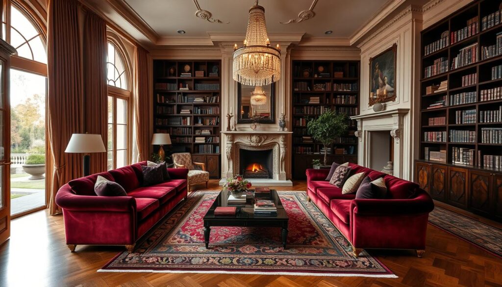 A luxurious living room with a warm, inviting atmosphere. Plush velvet sofas in a deep burgundy hue, accented by polished brass fixtures and crystal chandeliers casting a soft, ambient glow. Tall windows overlooking a private garden, the afternoon sun filtering through sheer curtains. Bespoke bookshelves lining the walls, filled with leather-bound volumes. A large, ornate fireplace with a roaring fire crackling at the center of the room. Ornate rugs in rich, earthy tones cover the hardwood floors. The space exudes an atmosphere of refined elegance and timeless sophistication. A luxurious living room with a warm, inviting atmosphere. Plush velvet sofas in a deep burgundy hue, accented by polished brass fixtures and crystal chandeliers casting a soft, ambient glow. Tall windows overlooking a private garden, the afternoon sun filtering through sheer curtains. Bespoke bookshelves lining the walls, filled with leather-bound volumes. A large, ornate fireplace with a roaring fire crackling at the center of the room. Ornate rugs in rich, earthy tones cover the hardwood floors. The space exudes an atmosphere of refined elegance and timeless sophistication.