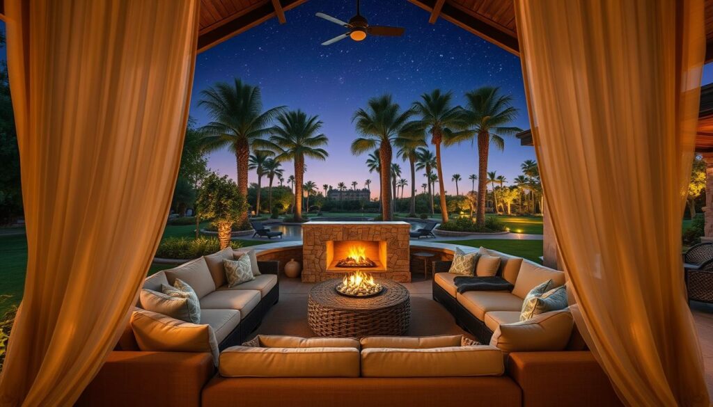 A luxurious outdoor living room nestled in a lush, verdant oasis. Plush, oversized sofas and armchairs arranged around a large, stone fireplace, inviting guests to sink in and unwind. Sheer, billowing curtains frame the space, creating an elegant, private sanctuary. Warm, golden lighting casts a soft glow, accentuating the rich, natural textures of the wood, stone, and woven fabrics. In the distance, a serene pond reflects the tranquil, starry night sky. Towering palm trees sway gently in the evening breeze, completing the sophisticated, resort-like ambiance. A luxurious outdoor living room nestled in a lush, verdant oasis. Plush, oversized sofas and armchairs arranged around a large, stone fireplace, inviting guests to sink in and unwind. Sheer, billowing curtains frame the space, creating an elegant, private sanctuary. Warm, golden lighting casts a soft glow, accentuating the rich, natural textures of the wood, stone, and woven fabrics. In the distance, a serene pond reflects the tranquil, starry night sky. Towering palm trees sway gently in the evening breeze, completing the sophisticated, resort-like ambiance.