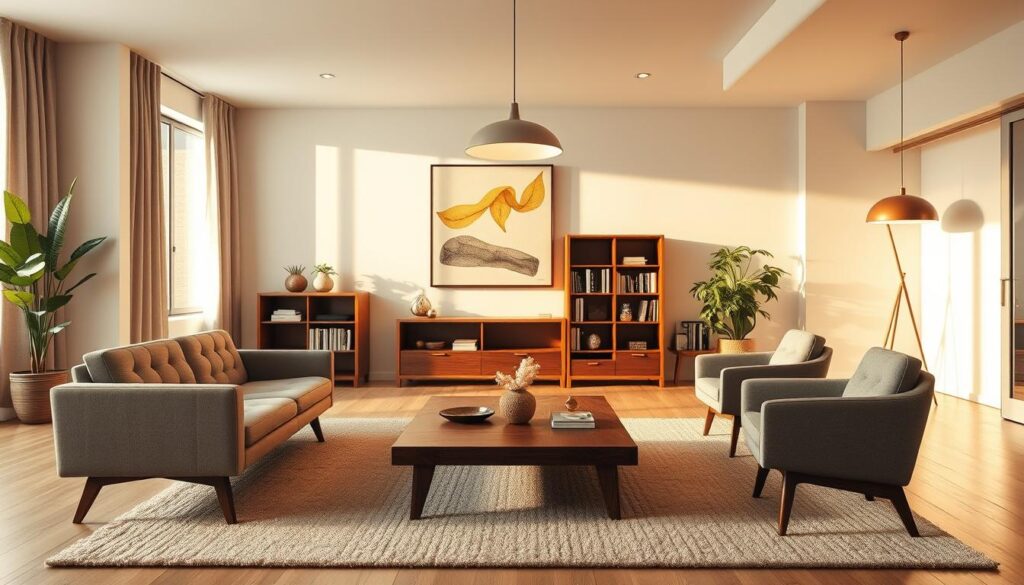 A mid-century modern living room with a warm, inviting ambiance. In the foreground, a low-profile sofa with clean lines and tufted upholstery in a muted tone, flanked by a pair of sleek, tapered-leg armchairs. A rectangular, wood-framed coffee table with a minimalist design sits atop a plush, geometric-patterned rug. In the middle ground, a tall, freestanding bookshelf displays an array of books and decorative accents, while a large, abstract artwork hangs on the wall, casting a soft, ambient glow. The background features a large, floor-to-ceiling window, allowing natural light to pour in and illuminate the space, complemented by a pair of mid-century modern pendant lights that emit a soft, warm radiance. The overall atmosphere exudes a harmonious blend of vintage charm and contemporary elegance. A mid-century modern living room with a warm, inviting ambiance. In the foreground, a low-profile sofa with clean lines and tufted upholstery in a muted tone, flanked by a pair of sleek, tapered-leg armchairs. A rectangular, wood-framed coffee table with a minimalist design sits atop a plush, geometric-patterned rug. In the middle ground, a tall, freestanding bookshelf displays an array of books and decorative accents, while a large, abstract artwork hangs on the wall, casting a soft, ambient glow. The background features a large, floor-to-ceiling window, allowing natural light to pour in and illuminate the space, complemented by a pair of mid-century modern pendant lights that emit a soft, warm radiance. The overall atmosphere exudes a harmonious blend of vintage charm and contemporary elegance.