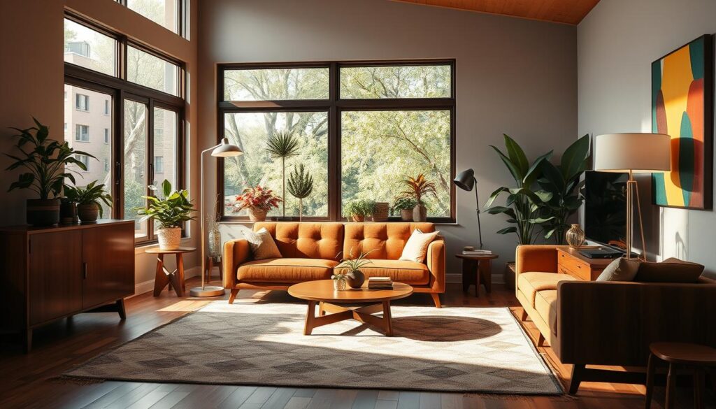A mid-century modern living room with a warm, inviting atmosphere. A low-profile tufted sofa in a rich, earthy tone sits atop a geometric patterned rug. Sleek, angular walnut-finished furniture frames the space, complemented by brass accents and a sculptural floor lamp casting a soft, ambient glow. Sunlight streams through large picture windows, illuminating the room's natural textures and colors. Vibrant potted plants and abstract wall art add pops of color, creating a harmonious blend of retro and contemporary elements. A mid-century modern living room with a warm, inviting atmosphere. A low-profile tufted sofa in a rich, earthy tone sits atop a geometric patterned rug. Sleek, angular walnut-finished furniture frames the space, complemented by brass accents and a sculptural floor lamp casting a soft, ambient glow. Sunlight streams through large picture windows, illuminating the room's natural textures and colors. Vibrant potted plants and abstract wall art add pops of color, creating a harmonious blend of retro and contemporary elements.