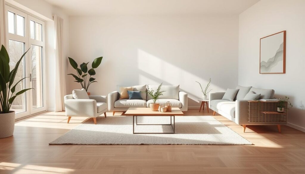 A minimalist, airy living room with clean lines and muted tones. Sunlight streams through large windows, casting a warm glow on the neutral-colored furniture. A low-profile sofa and armchair sit atop a plush, neutral-toned rug, while a simple, wooden coffee table anchors the space. Potted plants and a single, abstract artwork on the wall add subtle pops of color. The room has an overall sense of tranquility and balance, inviting relaxation and mindfulness. A minimalist, airy living room with clean lines and muted tones. Sunlight streams through large windows, casting a warm glow on the neutral-colored furniture. A low-profile sofa and armchair sit atop a plush, neutral-toned rug, while a simple, wooden coffee table anchors the space. Potted plants and a single, abstract artwork on the wall add subtle pops of color. The room has an overall sense of tranquility and balance, inviting relaxation and mindfulness.