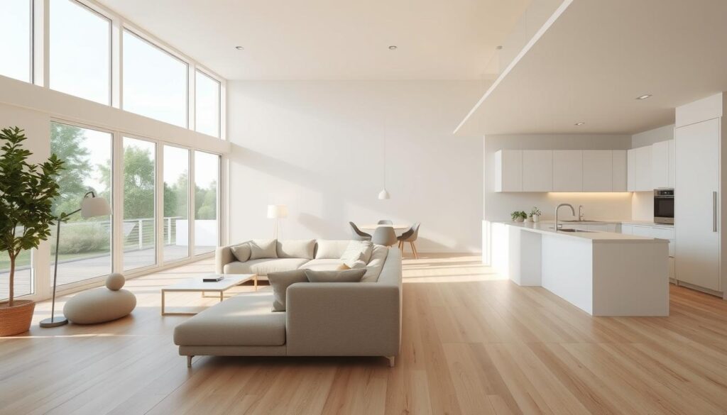 A minimalist living room and kitchen with clean lines, natural materials, and abundant natural light. Spacious open-concept layout with a light-colored wooden floor, neutral-toned walls, and large windows overlooking a serene outdoor scene. The living area features a low, modular sofa in a soft, muted color, complemented by a minimalist coffee table and a couple of floor lamps providing soft, ambient illumination. The kitchen area boasts sleek, white cabinetry, a simple, unadorned countertop, and a pendant light above a small dining table. The overall atmosphere is one of tranquility, simplicity, and harmony, reflecting a thoughtful, minimalist approach to design. A minimalist living room and kitchen with clean lines, natural materials, and abundant natural light. Spacious open-concept layout with a light-colored wooden floor, neutral-toned walls, and large windows overlooking a serene outdoor scene. The living area features a low, modular sofa in a soft, muted color, complemented by a minimalist coffee table and a couple of floor lamps providing soft, ambient illumination. The kitchen area boasts sleek, white cabinetry, a simple, unadorned countertop, and a pendant light above a small dining table. The overall atmosphere is one of tranquility, simplicity, and harmony, reflecting a thoughtful, minimalist approach to design.