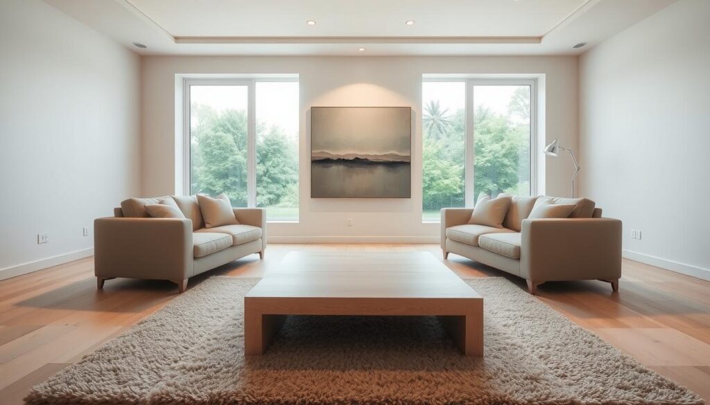 A minimalist living room with a clean, airy aesthetic. In the foreground, a low-profile, pale wood coffee table sits atop a plush, neutral-toned area rug. Framing the space, two modern, armless sofas in a soft, muted color face each other, creating an intimate conversation area. The walls are bare, save for a single, large piece of abstract art that acts as the focal point. Soft, diffused lighting emanates from recessed ceiling fixtures, casting a warm, soothing glow throughout the room. The large windows overlooking a lush, verdant landscape flood the space with natural light, further enhancing the sense of openness and tranquility. A minimalist living room with a clean, airy aesthetic. In the foreground, a low-profile, pale wood coffee table sits atop a plush, neutral-toned area rug. Framing the space, two modern, armless sofas in a soft, muted color face each other, creating an intimate conversation area. The walls are bare, save for a single, large piece of abstract art that acts as the focal point. Soft, diffused lighting emanates from recessed ceiling fixtures, casting a warm, soothing glow throughout the room. The large windows overlooking a lush, verdant landscape flood the space with natural light, further enhancing the sense of openness and tranquility.