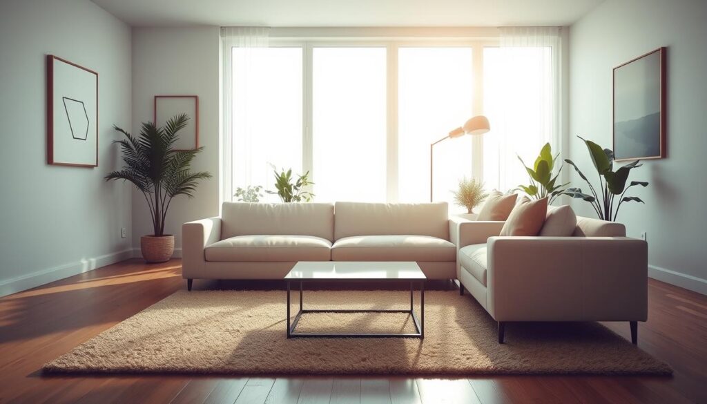 A minimalist living room with a clean, modern aesthetic. Soft, diffused natural lighting filters through large windows, casting a warm glow across the space. In the foreground, a sleek, low-profile sofa with crisp, tailored upholstery anchors the room. Complementing it, a small, square coffee table with a smooth, glossy surface. On the walls, simple, geometric art pieces in muted tones add subtle visual interest. The middle ground features a plush, neutral-toned area rug that grounds the space. In the background, potted plants and a single, elegant floor lamp provide a touch of greenery and soft illumination, creating a tranquil, calming atmosphere. A minimalist living room with a clean, modern aesthetic. Soft, diffused natural lighting filters through large windows, casting a warm glow across the space. In the foreground, a sleek, low-profile sofa with crisp, tailored upholstery anchors the room. Complementing it, a small, square coffee table with a smooth, glossy surface. On the walls, simple, geometric art pieces in muted tones add subtle visual interest. The middle ground features a plush, neutral-toned area rug that grounds the space. In the background, potted plants and a single, elegant floor lamp provide a touch of greenery and soft illumination, creating a tranquil, calming atmosphere.