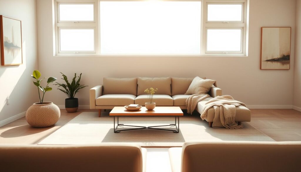 A minimalist living room with a clean, uncluttered design. A large window floods the space with natural light, casting a warm glow on the neutral-toned furnishings. A sleek, low-profile sofa anchors the room, paired with a simple, wooden coffee table. The walls are adorned with a single, abstract artwork, echoing the room's simple elegance. Soft, textured throws and pillows add subtle pops of color, while a potted plant brings a touch of nature. The overall atmosphere is one of tranquility and serenity, inviting relaxation and contemplation. A minimalist living room with a clean, uncluttered design. A large window floods the space with natural light, casting a warm glow on the neutral-toned furnishings. A sleek, low-profile sofa anchors the room, paired with a simple, wooden coffee table. The walls are adorned with a single, abstract artwork, echoing the room's simple elegance. Soft, textured throws and pillows add subtle pops of color, while a potted plant brings a touch of nature. The overall atmosphere is one of tranquility and serenity, inviting relaxation and contemplation.