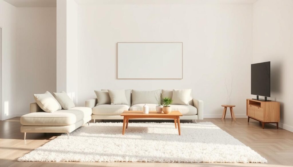 A minimalist living room with a cohesive color palette. The room is bathed in soft, natural lighting, with clean lines and a serene atmosphere. In the foreground, a neutral-toned couch with simple, geometric cushions sits atop a plush, off-white rug. The middle ground features a low, wooden coffee table and a few potted plants, creating a sense of balance and harmony. The background showcases a neutral-colored wall, accentuated by a large, minimalist artwork or mirror. The overall color scheme is muted, with shades of beige, grey, and white, creating a calming and inviting ambiance. A minimalist living room with a cohesive color palette. The room is bathed in soft, natural lighting, with clean lines and a serene atmosphere. In the foreground, a neutral-toned couch with simple, geometric cushions sits atop a plush, off-white rug. The middle ground features a low, wooden coffee table and a few potted plants, creating a sense of balance and harmony. The background showcases a neutral-colored wall, accentuated by a large, minimalist artwork or mirror. The overall color scheme is muted, with shades of beige, grey, and white, creating a calming and inviting ambiance.