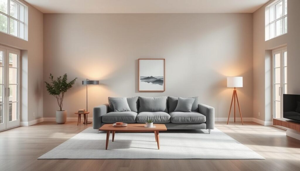 A minimalist living room with a cozy, spacious ambiance. A large, plush gray sofa takes center stage, accented by a sleek wooden coffee table and a minimal floor lamp. The walls are painted in a soft, muted tone, allowing the natural light from the large windows to flood the space. Minimalist artwork or a simple plant adds a touch of greenery, while the room is illuminated by warm, diffused lighting. The overall aesthetic is clean, uncluttered, and inviting, creating a sense of serene calm. A minimalist living room with a cozy, spacious ambiance. A large, plush gray sofa takes center stage, accented by a sleek wooden coffee table and a minimal floor lamp. The walls are painted in a soft, muted tone, allowing the natural light from the large windows to flood the space. Minimalist artwork or a simple plant adds a touch of greenery, while the room is illuminated by warm, diffused lighting. The overall aesthetic is clean, uncluttered, and inviting, creating a sense of serene calm.