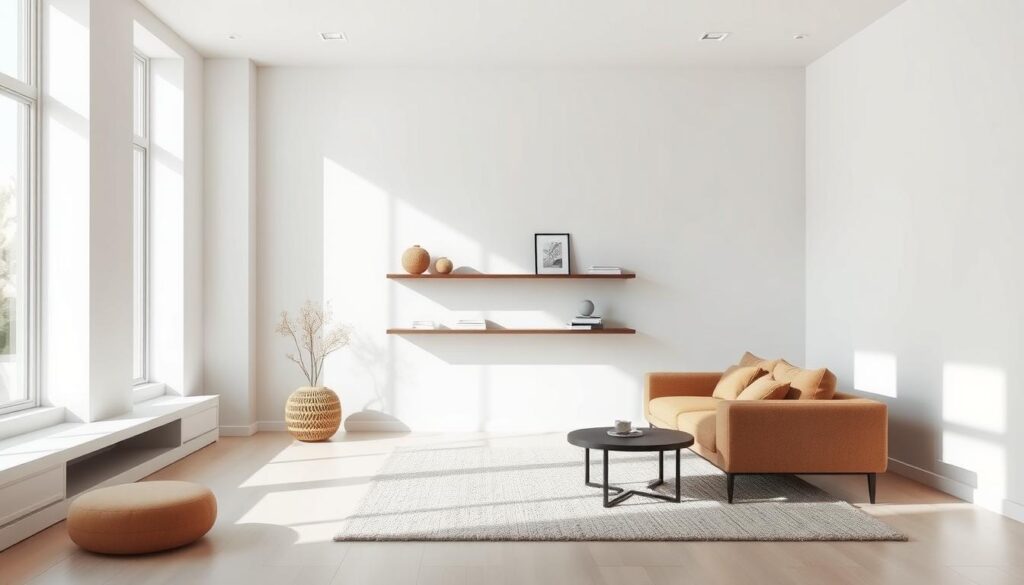 A minimalist living room with clean lines, natural light, and a neutral color palette. The focal point is a sleek, floating shelving unit displaying a few carefully curated decor pieces. The room is bathed in soft, diffused lighting from large windows, casting gentle shadows across the smooth, white walls. A plush, textured area rug grounds the space, complemented by a low-profile sofa and armchair in earthy tones. The overall atmosphere is serene, calming, and uncluttered, reflecting the principles of modern minimalist design. A minimalist living room with clean lines, natural light, and a neutral color palette. The focal point is a sleek, floating shelving unit displaying a few carefully curated decor pieces. The room is bathed in soft, diffused lighting from large windows, casting gentle shadows across the smooth, white walls. A plush, textured area rug grounds the space, complemented by a low-profile sofa and armchair in earthy tones. The overall atmosphere is serene, calming, and uncluttered, reflecting the principles of modern minimalist design.