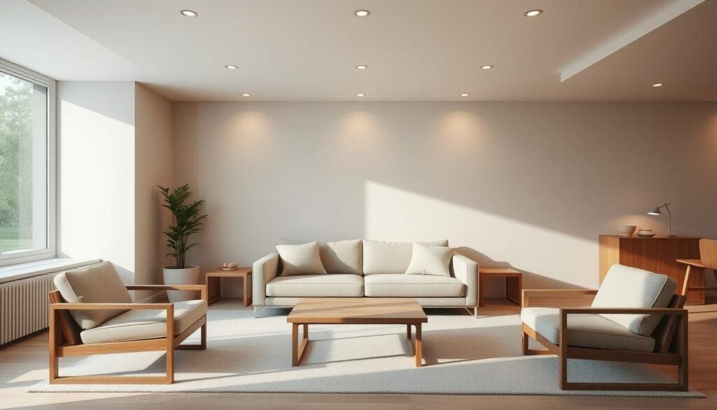 A minimalist living room with clean lines, natural materials, and a harmonious balance of light and shadow. The focal point is a sleek, low-profile sofa in a neutral tone, complemented by a pair of matching armchairs. A wooden coffee table with a simple geometric design anchors the space. The walls are painted in a soft, muted color, allowing the natural textures of the furniture to take center stage. Indirect lighting from recessed fixtures and a large window casts a warm, diffused glow throughout the room, creating a serene and inviting atmosphere. The overall impression is one of understated elegance and thoughtful design. A minimalist living room with clean lines, natural materials, and a harmonious balance of light and shadow. The focal point is a sleek, low-profile sofa in a neutral tone, complemented by a pair of matching armchairs. A wooden coffee table with a simple geometric design anchors the space. The walls are painted in a soft, muted color, allowing the natural textures of the furniture to take center stage. Indirect lighting from recessed fixtures and a large window casts a warm, diffused glow throughout the room, creating a serene and inviting atmosphere. The overall impression is one of understated elegance and thoughtful design.