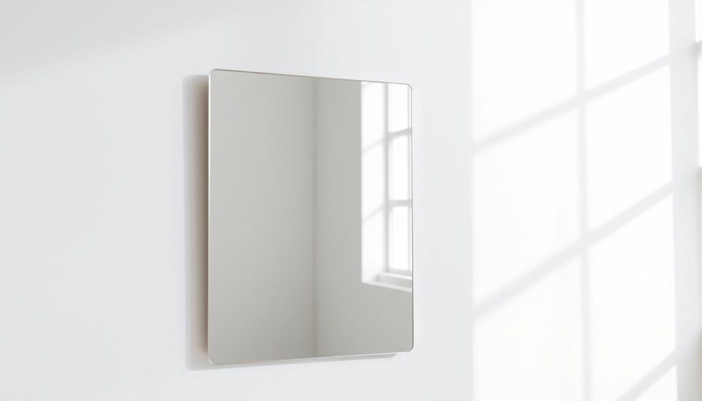 A minimalist mirror design showcasing clean lines, geometric forms, and a harmonious balance. A sleek, frameless mirror with a subtle metallic accent sits against a plain, white wall, casting a soft, even glow. The reflection captures the essence of the space, highlighting the room's simplicity and a sense of calm. Natural light streams in through large windows, casting gentle shadows and creating a serene ambiance. The overall composition emphasizes the mirror's role as a functional yet elegant focal point, embodying the principles of minimalist design. A minimalist mirror design showcasing clean lines, geometric forms, and a harmonious balance. A sleek, frameless mirror with a subtle metallic accent sits against a plain, white wall, casting a soft, even glow. The reflection captures the essence of the space, highlighting the room's simplicity and a sense of calm. Natural light streams in through large windows, casting gentle shadows and creating a serene ambiance. The overall composition emphasizes the mirror's role as a functional yet elegant focal point, embodying the principles of minimalist design.